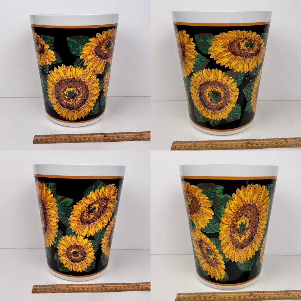 Rare Vtg Plastic Round Sunflower Garbage Can Bathroom Bedroom Grunge White Black